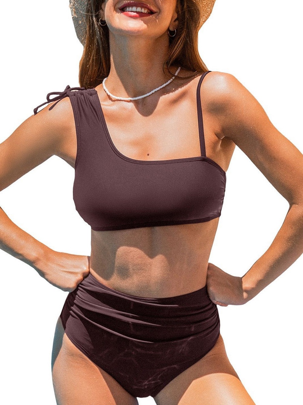 CUPSHE Women's Asymmetrical Neck Drawstring Shirred Bikini Set